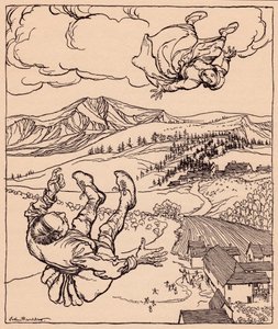 Kun hänen miehensä näki hänet, hän huusi: Hei! tule luokseni tänne". Arthur Rackhamin kuvitus Grimmin sadusta Nuori jättiläinen." tekijältä Arthur Rackham