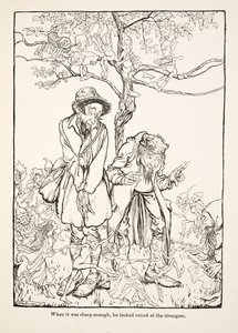 Kun se oli tarpeeksi terävä, hän katsoi ympärilleen vieraita, julkaisusta Pikkuveli & Pikkusisar ja Muita Grimmin veljesten tarinoita, pub.1917 (litho) tekijältä Arthur Rackham