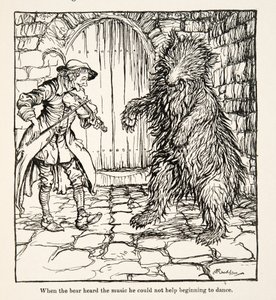 Kun karhu kuuli musiikin, hän ei voinut olla aloittamatta tanssimista, teoksesta Pikkuveli & Pikkusisar ja Grimmin veljesten muita tarinoita, pub.1917 (litho) tekijältä Arthur Rackham