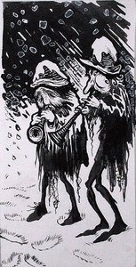"Yule Logs, Snapdragon, Wassail, Waits and Holly", kuvitus "Old Friend Christmas", kirjoittanut C.V. Godby (kynä ja muste yksivärisellä vesivärillä ja vartalovärillä paperilla) tekijältä Arthur Rackham