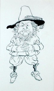 "...pukeutunut viehättävään, omituiseen tyyliin; ...heidänkin visionsa olivat omituiset; yhdellä oli iso parta, leveät kasvot ja pienet possuiset silmät", kuvitus teoksesta "The Story of Rip van Winkle", kirjoittanut Washington Irving tekijältä Arthur Rackham
