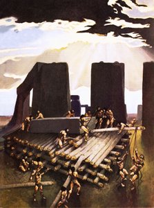 Stonehengen rakentaminen, kuviteltu vuonna 1978 tekijältä Arthur Ranson