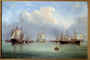 Merilaivat ja purjeveneet ankkuroituina. Arthur Wellington Fowlesin (1815-1883) maalaus 1800-luvun Orleans Museum of Fine Arts