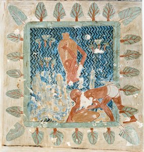 Egyptin taide: kaksi palvelijaa ottaa vettä altaasta. Vertauskuva Rekhmiren haudasta Thebassa. tekijältä Artist Unknown