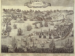 Cadizin kaupunki ja satama. Kaiverrus. ESPANJA. ANDALUSIA. Cadiz. Museo de Cadiz tekijältä Artist Unknown