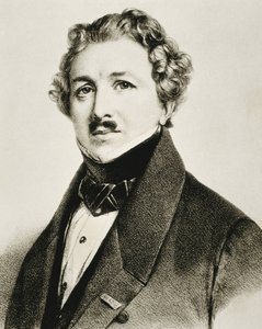 DAGUERRE, Louis-Jacques-Mande (1787-1851). Englantilainen keksijä, joka paransi valokuvausta. Litografia. tekijältä Artist Unknown