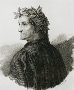 DANTE ALIGHIERI (1265-1321). Italialainen runoilija; Rafael (1483-1520). Rafaelin freskon jäljennös. Kaiverrus. tekijältä Artist Unknown