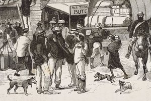 Englanti (19. vuosisata). Siirtolaisuus (1880). Kullankaivajien elämä Australiassa. Englantilainen Botany Bayn siirtokunta (perustettu vuonna 1788), jota aluksi asuttivat lähinnä rikolliset, joista tuli kullankaivajia ja kauppiaita. Kaiverrus. Yksityiskoko tekijältä Artist Unknown