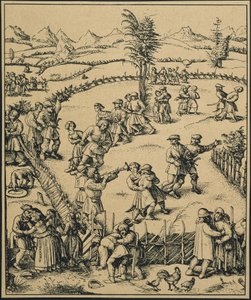 Maanviljelijöiden juhla saksalaisella maatilalla ("Der Jahrmarkt"). Musiikkia ja tanssia. (kaiverrus)