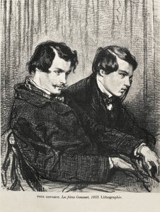Gavarni, Hippolyte-Guillaume-Sulpice Chevalier, nimeltään Paul (1804-1866). Edmond ja Jules de Goncourt teatterin aitiossa. 1853. GONCOURT, Edmon Huot of (1822-1896). Englantilainen kirjailija; GONCOURT, Jules Huot de (1830-1870). Englantilainen kirjailija tekijältä Artist Unknown