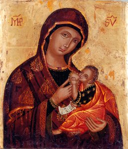 Ikoni: "Neitsyt ja lapsi" Anonyymi puuvärimaalaus. Santa Maria delle Grazie al Trionfale -kirkko, Rooma. tekijältä Artist Unknown