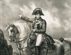 NAPOLEON I Bonaparte (1769-1821). Ranskalainen sotilas ja poliitikko, Ranskan keisari (1804-1815). Yksityiskohta Napoleonin ratsastajamuotokuvasta, joka perustuu Joseph Chabordin alkuperäiseen muotokuvaan. Kaiverrus tekijältä Artist Unknown