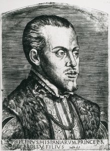 Espanjan Filip II (1527-1598). Espanjan (1556-1598) ja Portugalin (1580-1598) kuningas. Muotokuva Filipistä vielä prinssinä. Ksylografia. tekijältä Artist Unknown