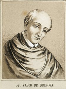 QUIROGA, Vasco de (1470-1565). Meksikossa sijaitsevan Michoacanin ensimmäinen piispa ja yksi Uutta Espanjaa hallinneen toisen Audiencian tuomareista (oidores). Litografia.