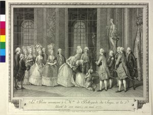 Kuningatar Marie Antoinette ilmoittaa Madame de Bellegardelle 1777 puolisonsa vapauttamisesta. tekijältä Artist Unknown
