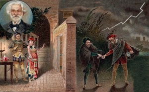 Rigoletto käyttää Sparafucilea herttuan murhaamiseen - 3. näytöksen kohtaus 4 Giuseppe Verdin oopperasta Rigoletto. tekijältä Artist Unknown