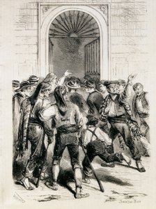 Espanja (1873). Ensimmäisen tasavallan julistaminen ja Barcelonan kaupungintalon rynnäkkö (11. helmikuuta 1873). Etsaus. tekijältä Artist Unknown