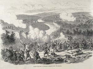 Espanja. Vuoden 1868 vallankumous. Alcolean taistelu (20. syyskuuta), joka johti Isabel II:n syrjäyttämiseen. Kaiverrus tekijältä Artist Unknown
