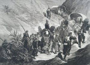 Espanja. Kolmas karlistien sota. Karlistivangit kävelevät vuorten poikki Empordassa (Katalonia). Kaiverrus. tekijältä Artist Unknown