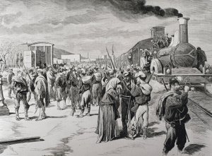 Espanja. Kolmas karlistien sota. Vapaajoukkojen pataljoonan lähtö Barcelonasta karlisteja vastaan. Kuva julkaisusta "La Ilustracion espanola y americana" (8. huhtikuuta 1873). Kaiverrus tekijältä Artist Unknown