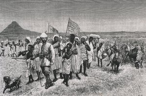 Stanley, Sir Henry Morton (1841-1904). "Through the Ounyoro", kuvitus teoksen "Through the Dark Continent" ranskalaiseen painokseen. Etsaus. RANSKA. ILE-DE-FRANCE. Pariisi. Taidekoristeiden kirjasto tekijältä Artist Unknown