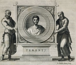 TERENCE, Publius Terentius Afer (190-154 eKr.). Näytelmäkirjailija Rooman tasavallan aikana. Kaiverrus. 1736. Kaiverrus tekijältä Artist Unknown