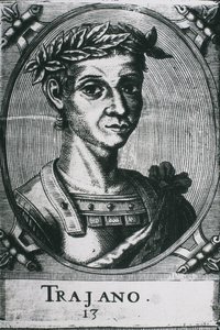 TRAJAN, Marcus Ulpius Traianus (53-117). Trajanuksen muotokuva laakerinlehtien kanssa. Yksityiskohta alkuperäisestä kaiverruksesta. Kaiverrus. tekijältä Artist Unknown