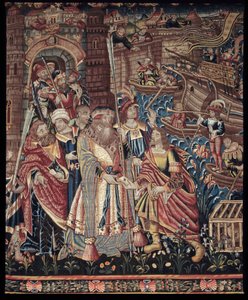 Portugalilainen merenkulkija Vasco de Gama (1459-1524) saapui Intian Calicutiin vuonna 1498, yksityiskohta, kuvakudos. tekijältä Artist Unknown