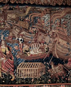 Portugalilainen merenkulkija Vasco de Gama (1459-1524) saapui Intian Calicutiin vuonna 1498, yksityiskohta, kuvakudos. tekijältä Artist Unknown