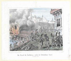 Rothenthurmin bastionin lähellä sijaitsevan Nothbruecken palo lokakuussa 1848. tekijältä Artist Unknown