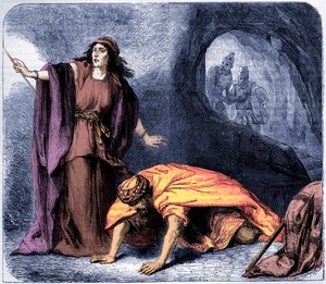 Samuelin herättäminen Endorin noidan toimesta - Raamattu (painettu) tekijältä Artist Unknown