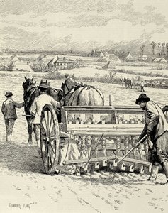 YHDISTYNYT KUNINGASKUNTA. ENGLANTI. Teollinen vallankumous. Jethro Tull keksi porakoneen. Ohran kylvö helmikuussa. Gunning Kingin piirros, joka on julkaistu The Illustrated London News -lehdessä. Kaiverrus.