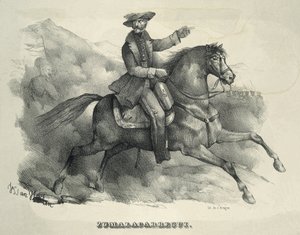 ZUMALACARREGUI, Tomas (1788-1835). Karlistien kenraali. Espanja. Ensimmäinen karlistisota. Zumalacarregui ratsastaa hevosen selässä. Kaiverrus. tekijältä Artist Unknown