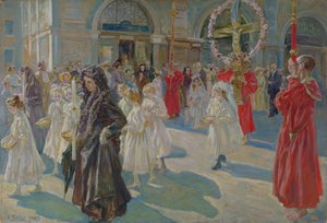 Corpus Christin kulkue Piazza Grandella Triestessä, 1908 tekijältä Arturo Fittke