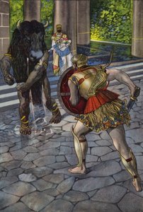 Herakles kohtaa Minotauroksen (väri litho) tekijältä Artus Scheiner