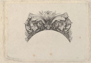 Kaareva kehyselementti seteleille, akantus- ja viiniköynnöslehtiä, liljaa ja viinirypäleitä..., n. 1824-37.