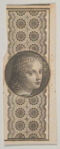 Leonardo da Vincistä peräisin oleva seteliaihe, jossa tytön pää kuviota vastaan..., n. 1824-37.