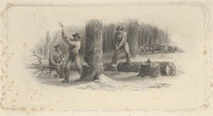 Setelivinjetti, jossa metsämiehet kaatavat puita lumisessa metsässä, n. 1824-37.