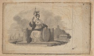 Setelivinjetti, jossa naishahmo edustaa Amerikkaa, n. 1824-37.