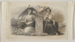 Setelivinjetti, jossa naishahmot edustavat Liberty and Justicea, n. 1824-37.