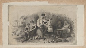 Setelivinjetti, jossa eri-ikäisiä hahmoja, jotka edustavat elämänvaiheita, ..., n. 1824-37.