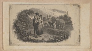 Setelivinjetti, jossa heinäleikkurit symboloivat maaseututeollisuutta, n. 1824-37.
