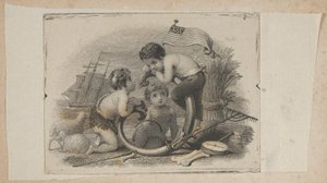 Setelivinjetti, jossa kolme puttia paimenena, maanviljelijänä ja merimiehenä, n. 1824-37.