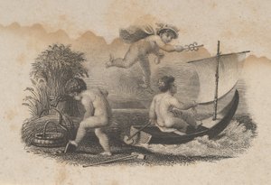 Setelivinjetti, jossa on kolme kauppaa ja maataloutta symboloivaa puttia, n. 1824-37.