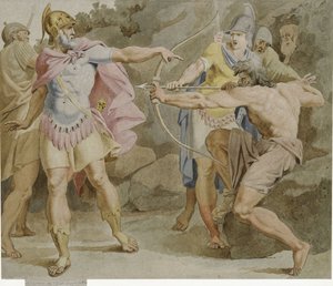 Philoctetes, joka tähtää Herculesin keulaan Odysseukseen