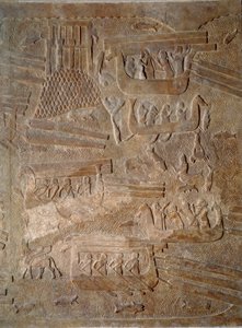 Taide Mesopotamia (Assyria): Assyrian kuninkaan Sargon II:n (721 - 705 eKr.) palatsin piha, setripuun kuljetus Libanonista. Pariisi, Musee du Louvre tekijältä Assyrian