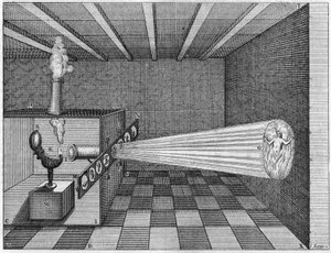 Camera obscura (Magic Lantern) heijastaa kuvan helvetissä palavasta miehestä - (Magic lyhty. Isä Kircherin taikalyhty. Varhainen lyhty diaprojektori) Athanasius Kircherin "" Ars Magna Lucis Et Umbrae""