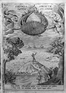 Taranton Archytas (435-347 eKr.) lentää puukyyhkystä. Athanasius Kircherin (1601-1680), jesuiitta, orientalisti ja tutkija, kaiverrus "Mundus Subterraneuksesta". tekijältä Athanasius Kircher