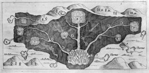 Maankuoren poikkileikkaus, jonka avulla Athanasius Kircher voi osoittaa lämpölähteiden alkuperän tekijältä Athanasius Kircher