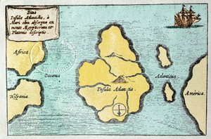 Legendaarisen Atlantiksen saaren kartta - Athanase Kircherin (tai Athanasius Kircherin) Mundus Subterraneuksesta